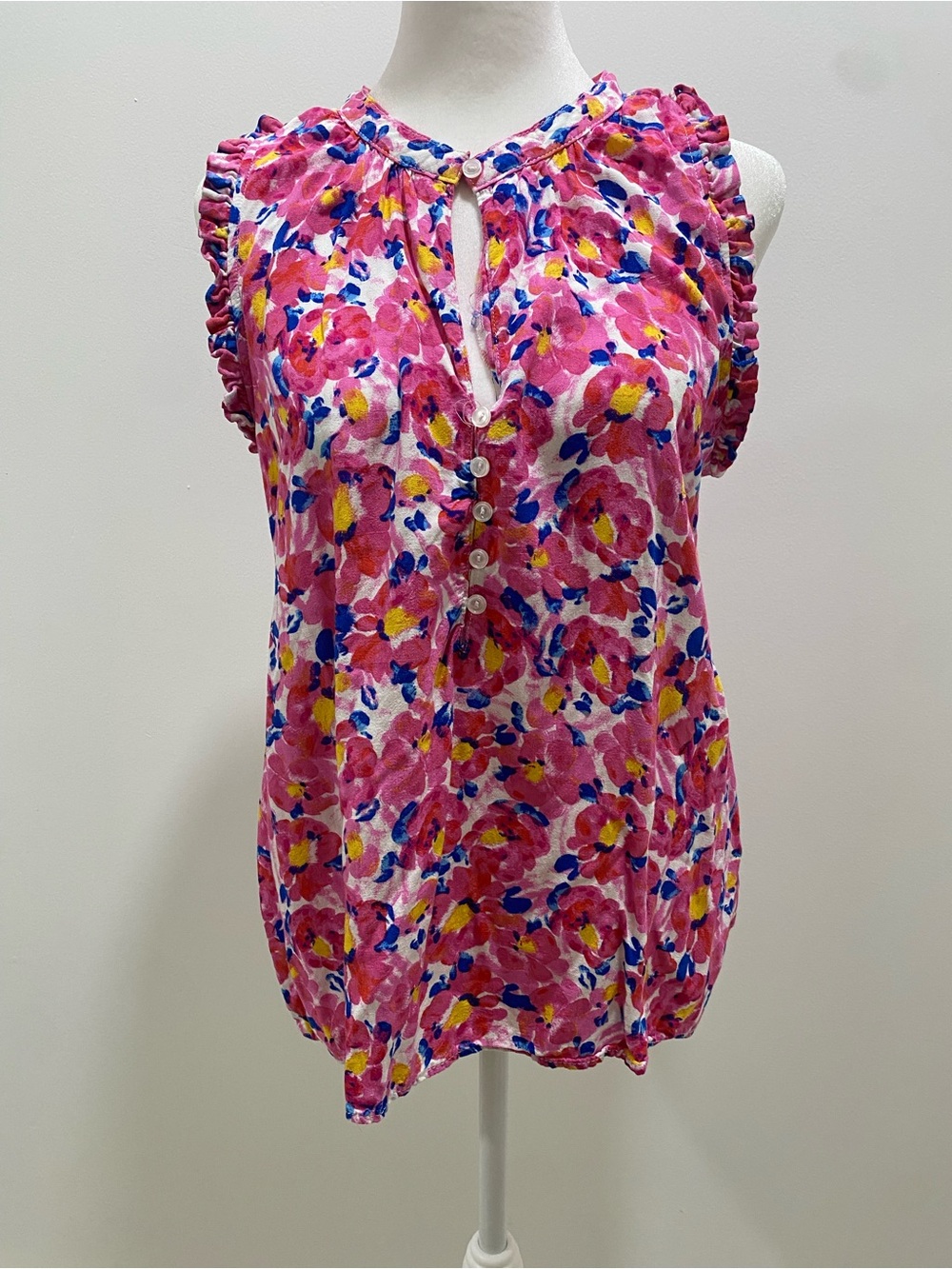 Time and Tru Pink Floral Ruffle-Trim Sleeveless Top